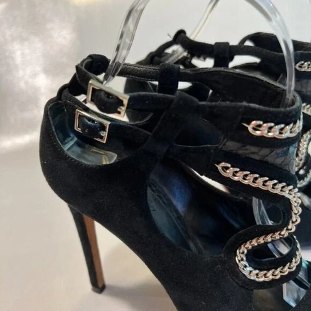 Brian Atwood Chain Link Suede Cage Sandals Womens 8 Black Excellent Stiletto